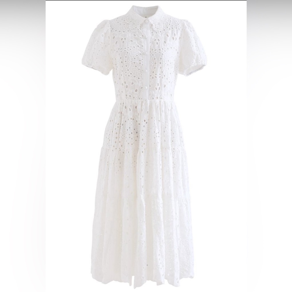 CROCHET COLLAR EMBROIDERED EYELET COTTON DRESS